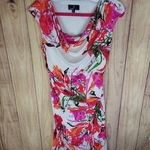 Ronni Nicole Draped Neckline Sleeveless Floral Dress Ruched On Right Side